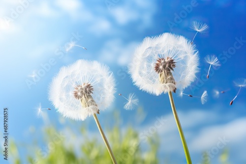White heads of dandelions  from which umbrellas of dandelion seeds fly away against the background of a bright blue sky