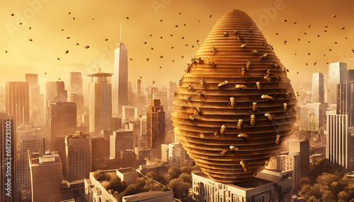 A massive honeycomb-structured bee hive sits amid an urban cityscape, buzzing with bees flying in all directions to and from the golden structure as they go about their work. photo