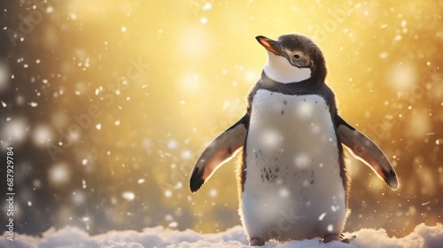 Happy penguin rejoices in first snow.