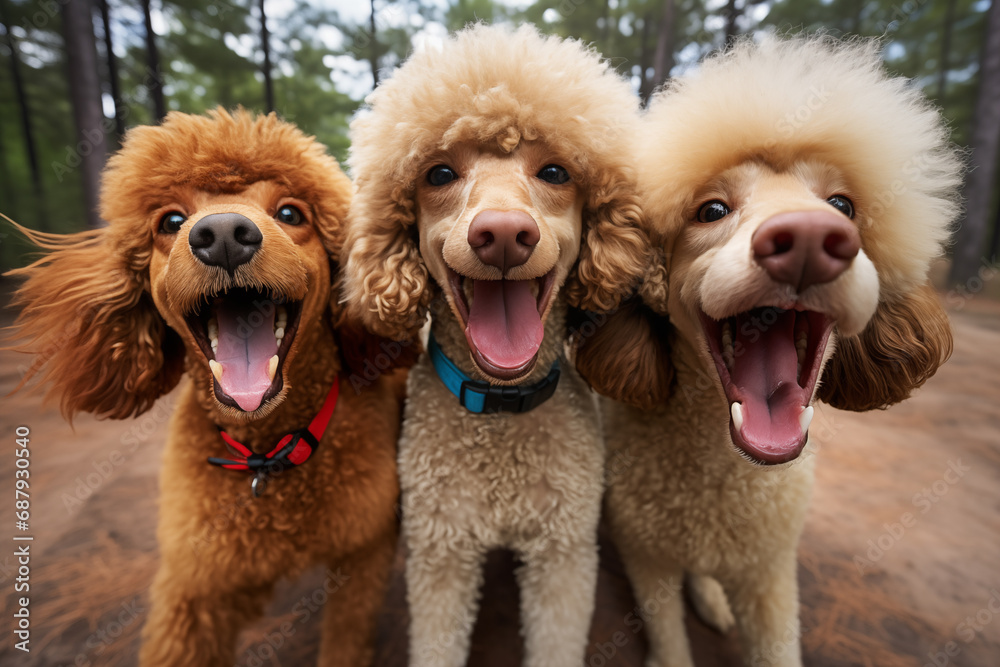 A group of playful smiling poodles