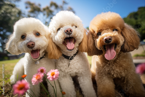 A group of playful smiling poodles photo