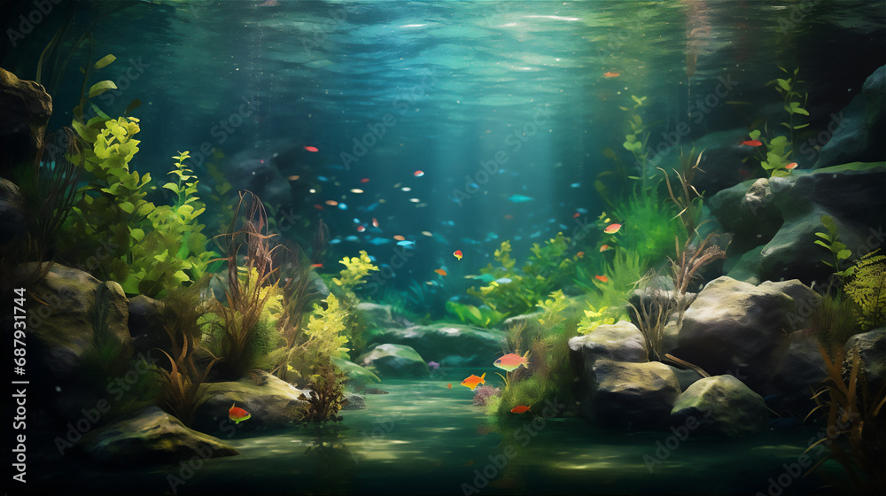 Swamp underwater scene with plant and fishes Swamp underwater scene with plant and fishes