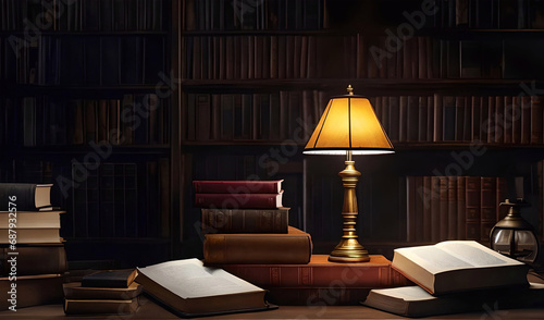 Biblioteca, libreria in studio stile antico alla luce di lampada d'epoca. Numerosi libri antichi su scrivania. photo
