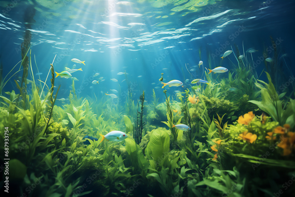 Obraz premium Swamp underwater scene with plant and fishes