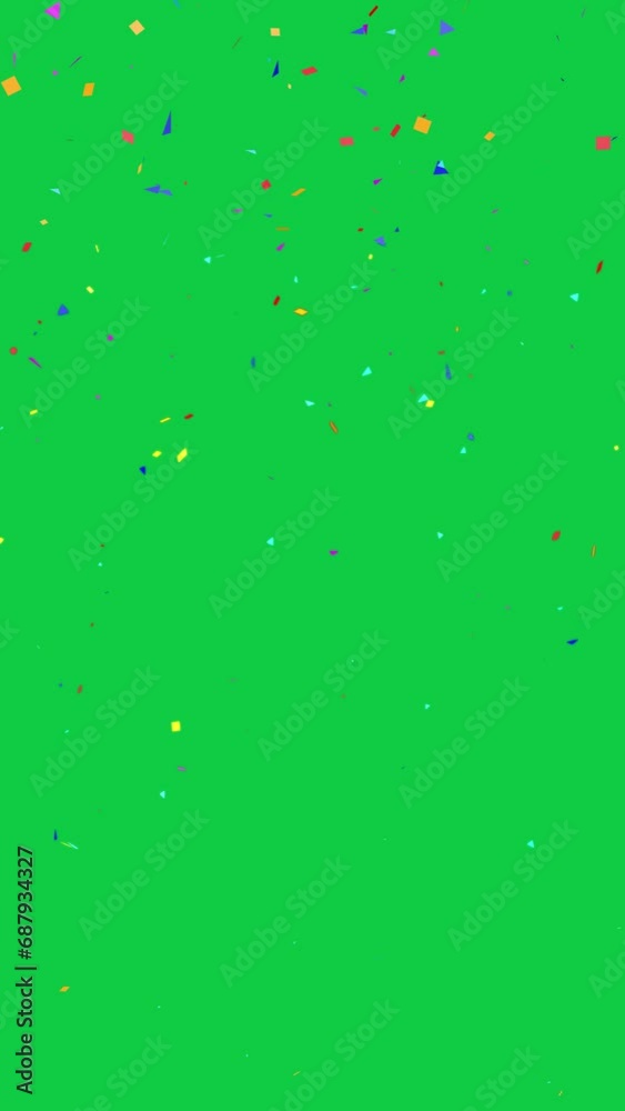 4K vertical. seamless looping of particle animation of colorful confetti falling down decoration for party celebration isolated on chroma key green screen background for overlay motion graphic