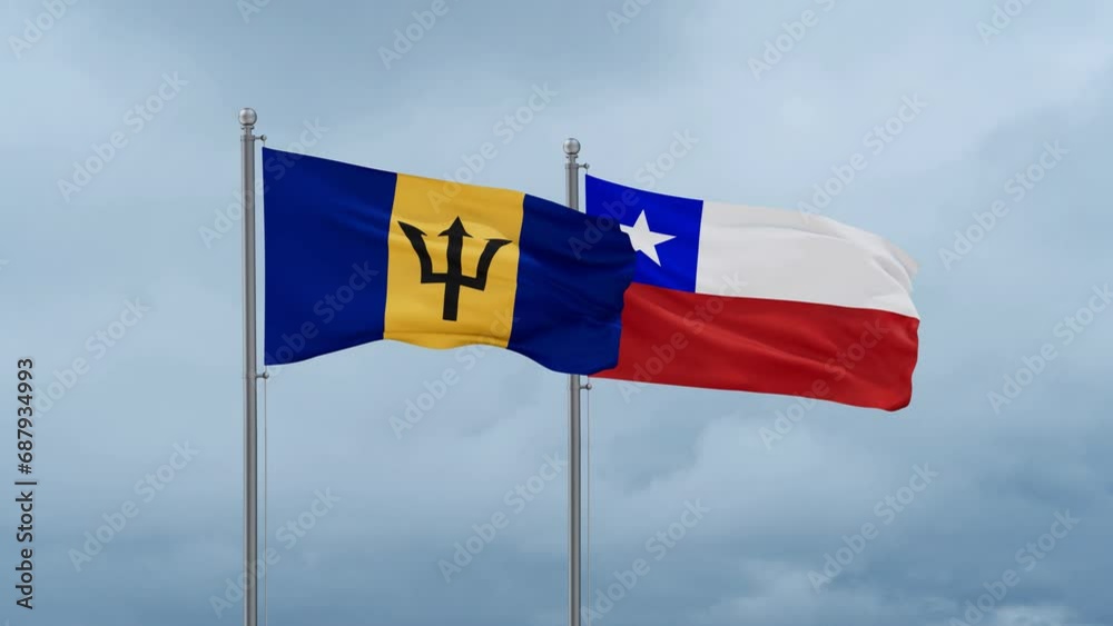 Chile flag and Barbados flag waving together on cloudy sky, endless seamless loop, two country relations concept Chile flag and Barbados flag waving together on cloudy sky, endless seamless loop, two country relations concept