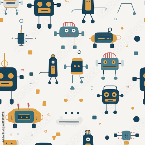 Seamless robots pattern of different shapes, colors and emotions.