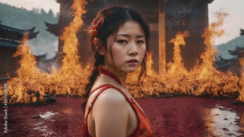 Asian Woman In The Flame Background Very Cool