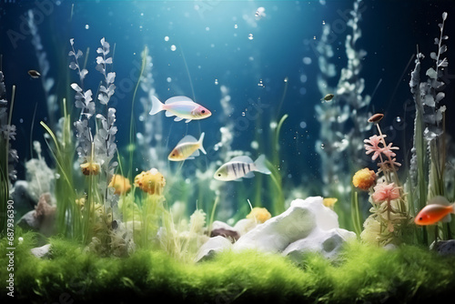 Swamp underwater scene with plant and fishes