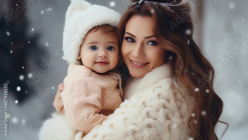 A young girl with a child on a snowy background. Portrait of smiling people. Mom and child celebrate New Year and Christmas.