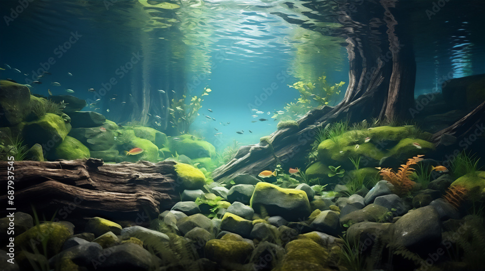 Fototapeta premium Swamp underwater scene with plant and fishes