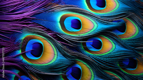 texture of a stack of colorful feather, a close up of a colorful peacock, A vibrant and intricate display of a peacock's magnificent tail feathers up close 