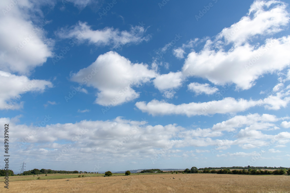 Panoramic view from one of the hills on the Cotswold Way south of Winchcombe, Cheltenham, UK overlooking the hilly agricultural landscape with some roaming sheep and white cumulus clouds in blue sky