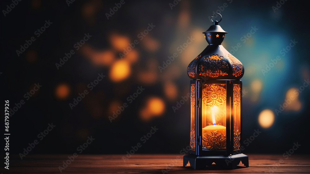 Elegant oriental lamp with a glowing candle inside, casting a warm light against a bokeh background, perfect for the holy month of Ramadan. Elegant oriental lamp with a glowing candle inside, casting a warm light against a bokeh background, perfect for the holy month of Ramadan.