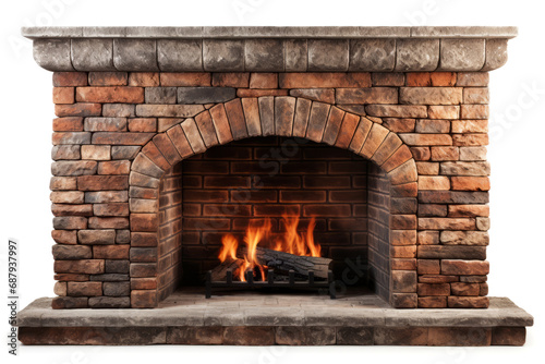 Brick home fireplace with a burning fire inside isolated on white background.generative ai