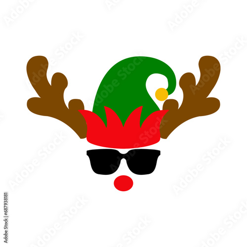 Tiempo de Navidad. Logo con reno Rudolph con sombrero de elfo de Santa Claus, hocico rojo, astas y gafas de sol para su uso en tarjetas y felicitaciones