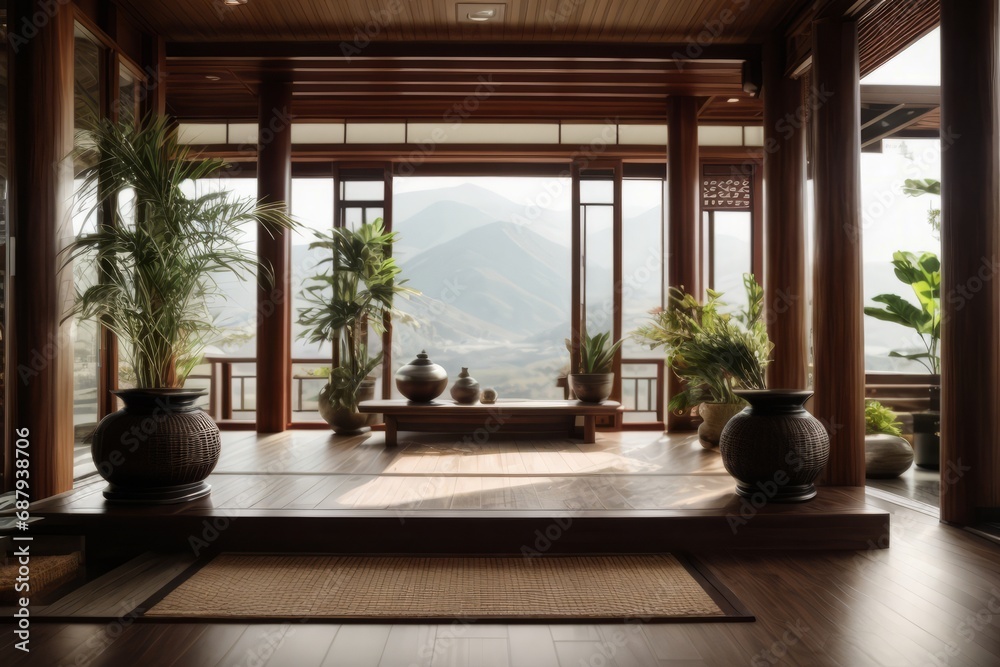 Harmony in Design: Serene Wooden Interior with Natural Light Zen Style Foyer