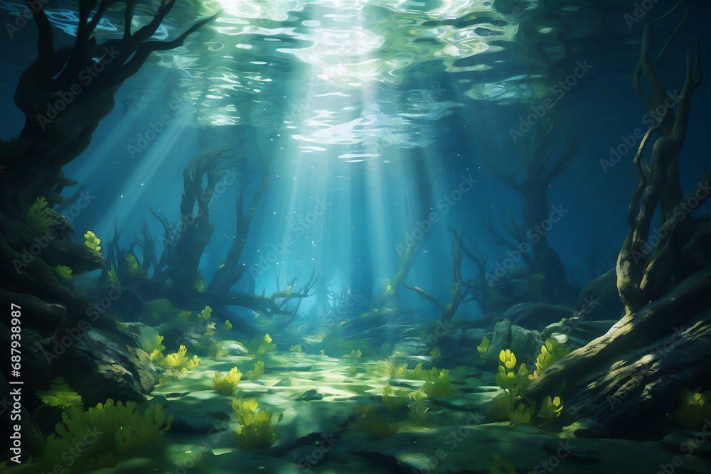 Swamp underwater scene with plant and fishes - obrazy, fototapety, plakaty 