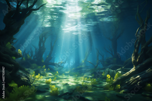 Swamp underwater scene with plant and fishes photo