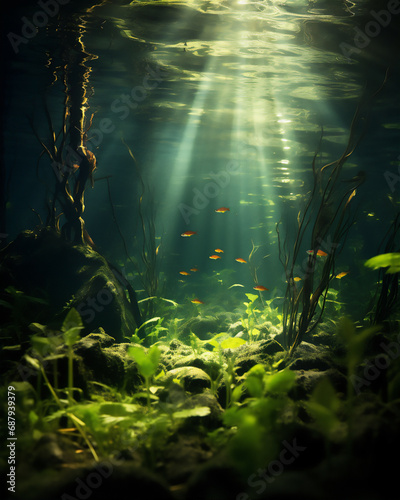 Swamp underwater scene with plant and fishes