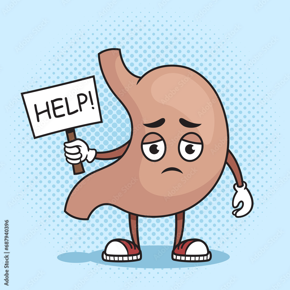 Sad sick anatomical stomach asking for help pop art retro hand drawn raster illustration. Comic book style imitation. Sad sick anatomical stomach asking for help pop art retro hand drawn raster illustration. Comic book style imitation.