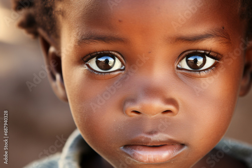 Close up of face of young boy child with black skin and sad eyes