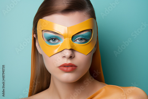 Young woman with yellow superhero mask in front of blue studio background