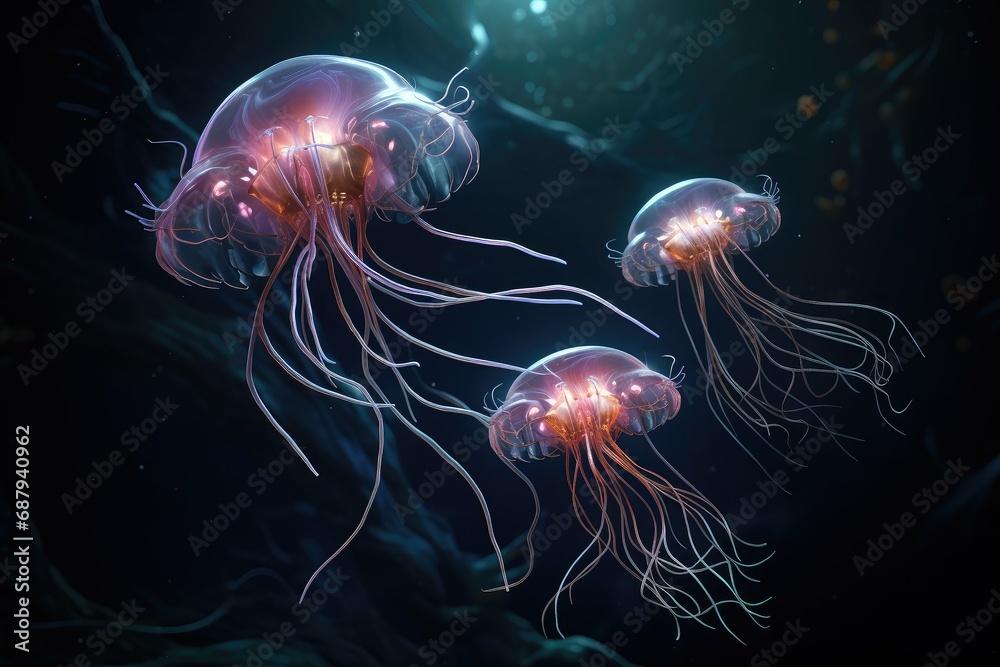 Obraz premium Jellyfish swimming in the water, 3d render illustration, Glowing jellyfish swim deep in blue sea, Underwater world, Colorful jellyfish floating in water