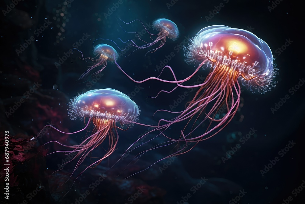Jellyfish floating in the water, 3d illustration of jellyfish, Glowing jellyfish swim deep in blue sea, neon jellyfish fantasy in underwater