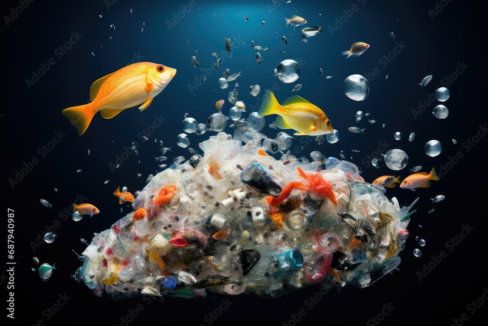 under water fish entangled in plastic debris, illustrating the harmful
