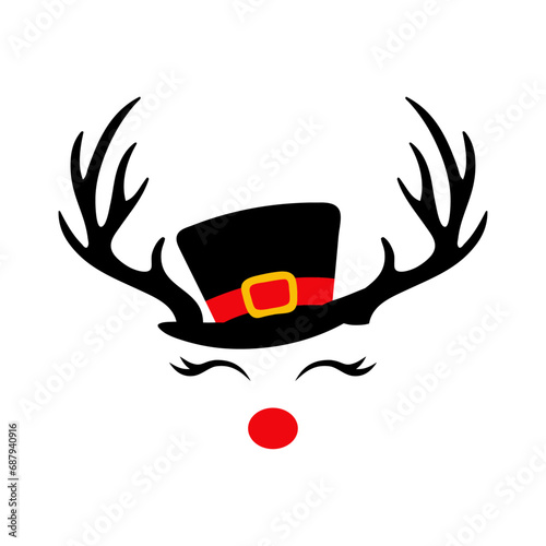 Tiempo de Navidad. Logo con reno Rudolph con sombrero de muñeco de nieve, con hocico color rojo, astas y pestañas para su uso en tarjetas y felicitaciones