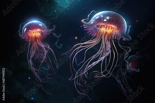 Jellyfish floating in the ocean, 3d illustration, Beautiful jellyfishes floating in water, Underwater world, Colorful jellyfish floating in water © Jahan Mirovi