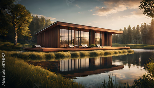 A modern wooden building with large windows sits on green grass near the water, its architectural design blending with its natural surroundings.