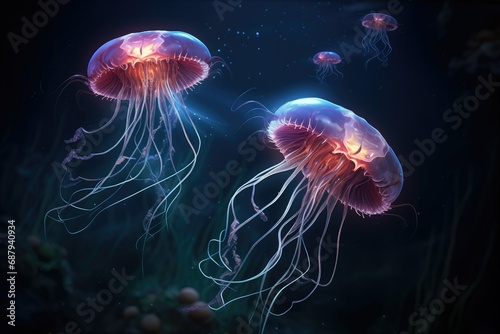 Glowing jellyfish swim deep in blue sea, Jellyfish in the aquarium, Underwater world, 3d rendering, Underwater ocean scene background © Jahan Mirovi