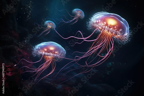 Jellyfish floating in the water, 3d illustration of jellyfish, Glowing jellyfish swim deep in blue sea, neon jellyfish fantasy in underwater © Jahan Mirovi