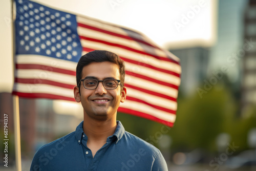 Portrait of a young Indian man with glasses studying, with USA flag in the background. Happy exchange student in blue t-shirt in front.generative ai