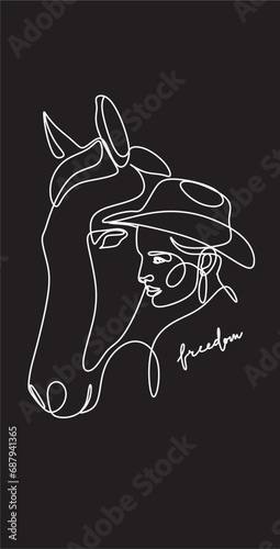 Continuous one line drawing. Horse and woman heads logo. Black and white vector illustration. 