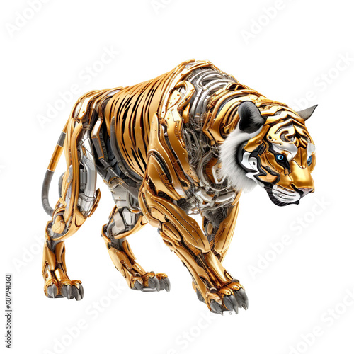 angled view of animal golden Robotic Tiger isolated on a white transparent background  © SuperPixel Inc