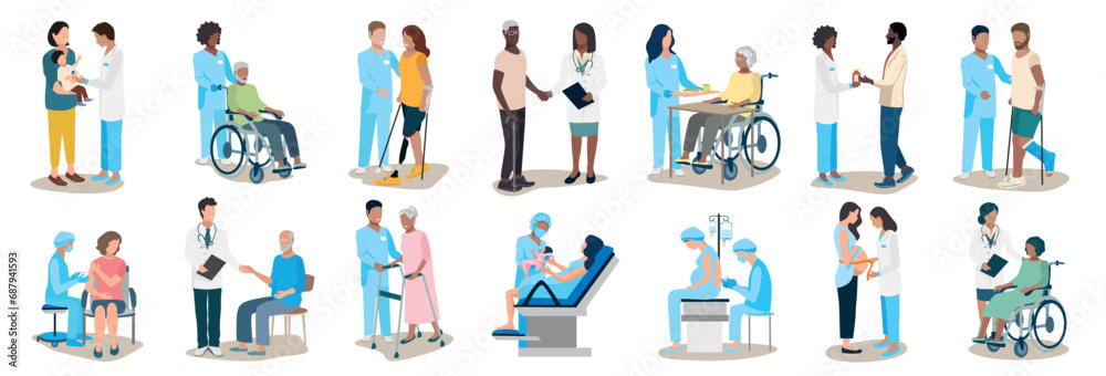 Big set of vector illustrations of doctor and patient. Doctors and nurses of different specialties care for and help patients of different ages and nationalities. Thanks to the doctors and nurses. - obrazy, fototapety, plakaty 