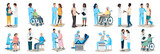 Big set of vector illustrations of doctor and patient. Doctors and nurses of different specialties care for and help patients of different ages and nationalities. Thanks to the doctors and nurses.