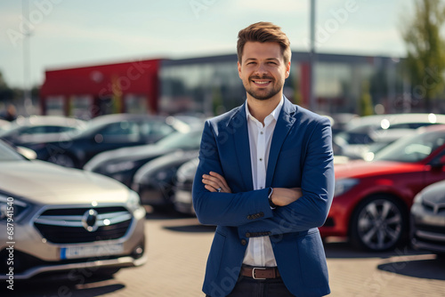 Smiling friendly car salesman in a suit standing on the street against the background of cars. car dealership motif.generative ai