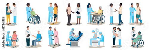 Big set of vector illustrations of doctor and patient. Doctors and nurses of different specialties care for and help patients of different ages and nationalities. Thanks to the doctors and nurses. photo