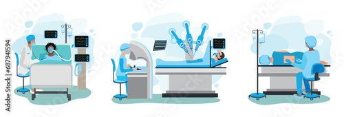 Set of vector illustrations of doctor and patient. Doctor examines patient in intensive care, robotic surgery, anesthesiologist administers epidural anesthesia. Thanks to the doctors and nurses.