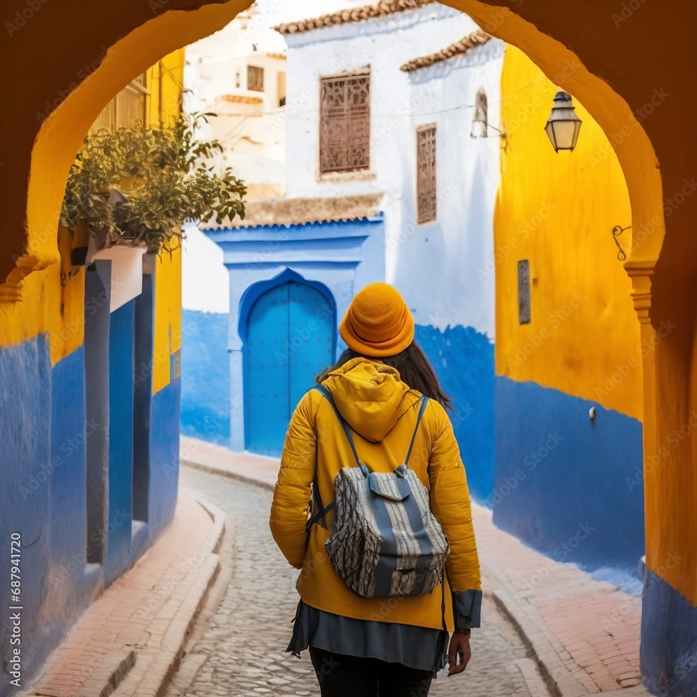 Naklejka premium tourism in Morocco-Woman tourist with back view in beautiful yellow street in Chefchaouen cute young teen girl walking blue and yellow buildings houses with a backpack bag cap hood Generative AI 