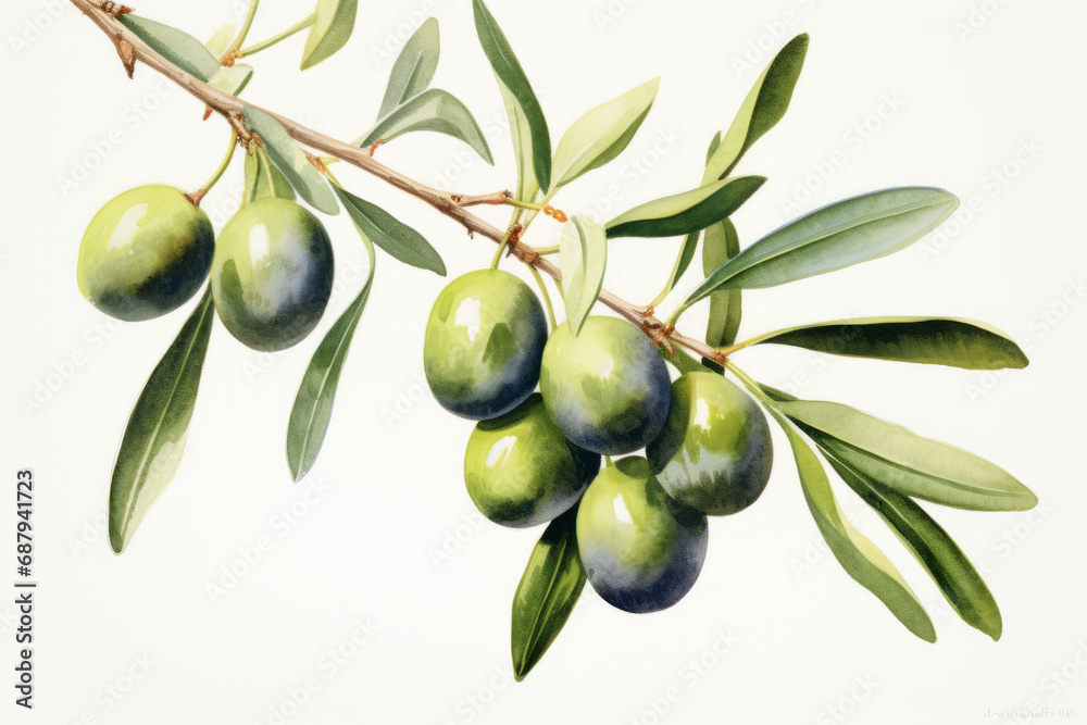 Watercolor illustration of a olive branch isolated on white background. AI generative Watercolor illustration of a olive branch isolated on white background. AI generative