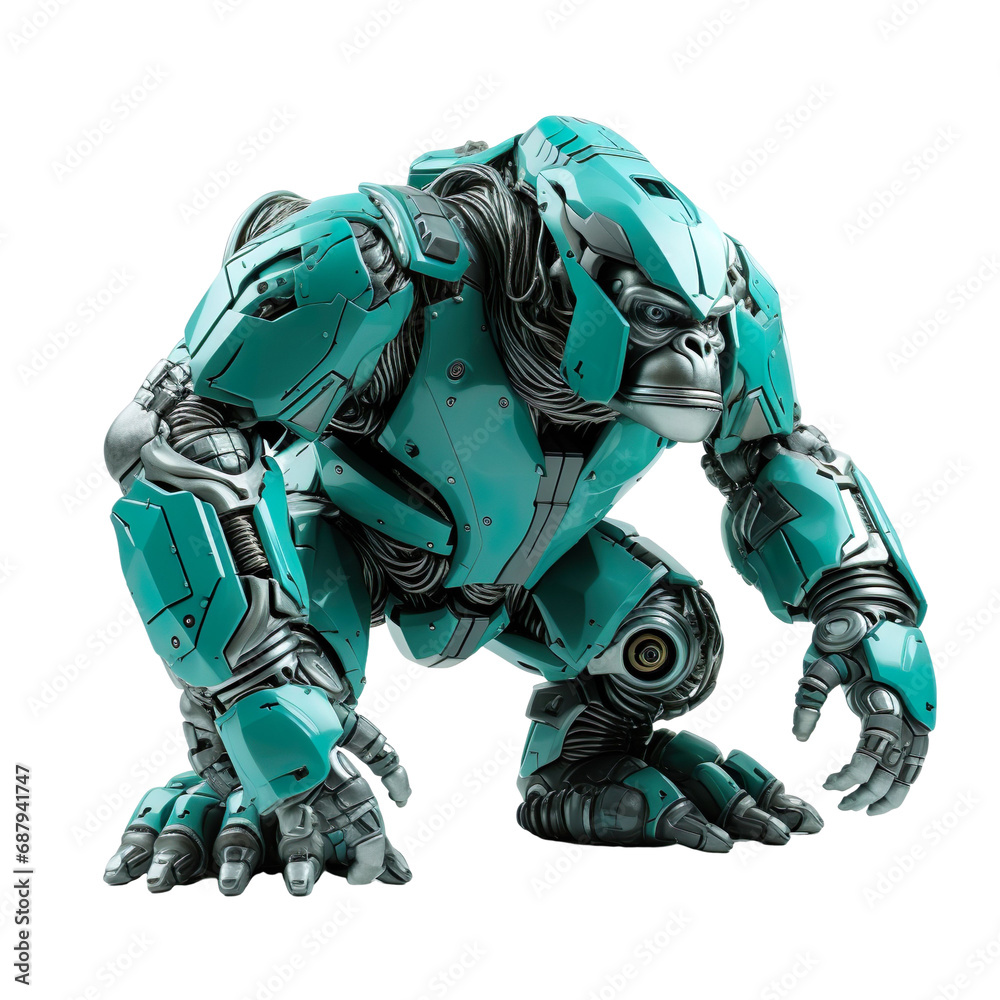 angled view of animal turquoise Robotic Gorilla isolated on a white transparent background 