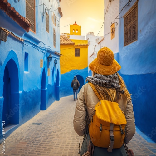 tourism in Morocco-Woman tourist with back view in beautiful yellow street in Chefchaouen cute young teen girl walking blue and yellow buildings houses  with a backpack bag cap hood Generative AI  © Gerg