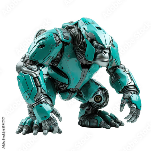 angled view of animal turquoise Robotic Gorilla isolated on a white transparent background  © SuperPixel Inc