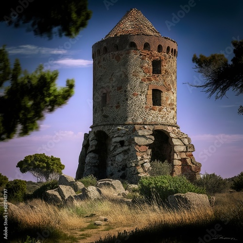 Campanella tower, one of the Genoese towers of Corsica island watchtower stone laying Italy lookout point high building bastion Generative AI  photo