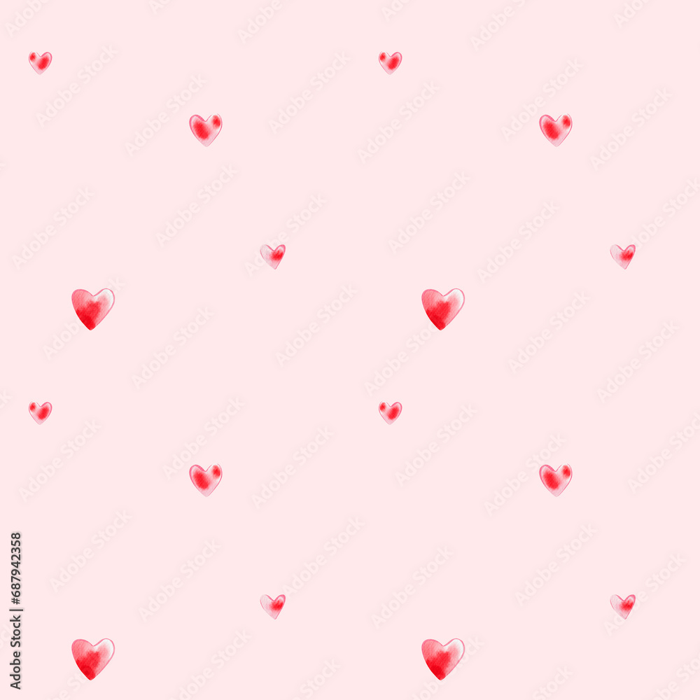 Little cute hearts pattern for Valentines day on the pink background, fabric, paper. Digital watercolor illustration